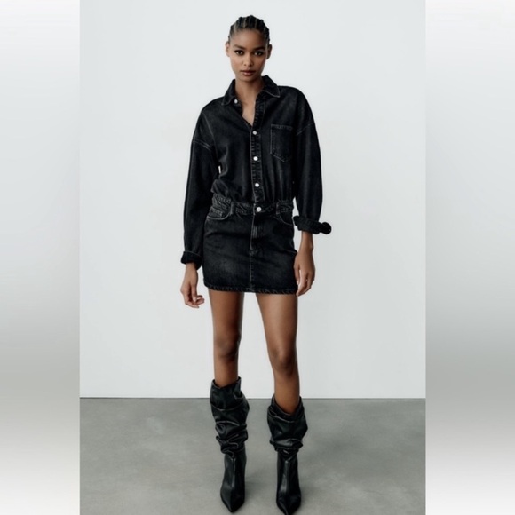 ZARA Black Denim Long Sleeves Dress Size Small NWT - Picture 1 of 9